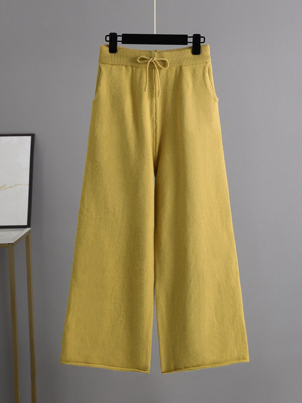 Ensemble deux pièces urbain à manches longues, col polo, à jambes larges, couleur unie – pull + pantalon
