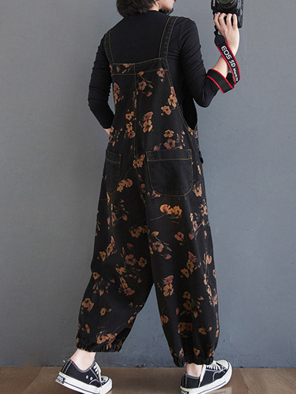 Salopette en denim sarouel originale à fleurs avec poches