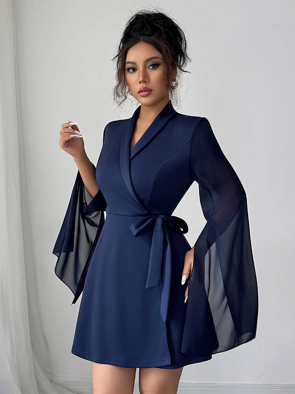 Trapèze taille élastiquée entrelacé transparent couleur unie à empiècements taille nouée sur le côté col en V Robes courtes