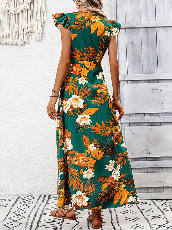 Robe longue ample à ourlet plongeant, à imprimé floral, à empiècements, à col en V