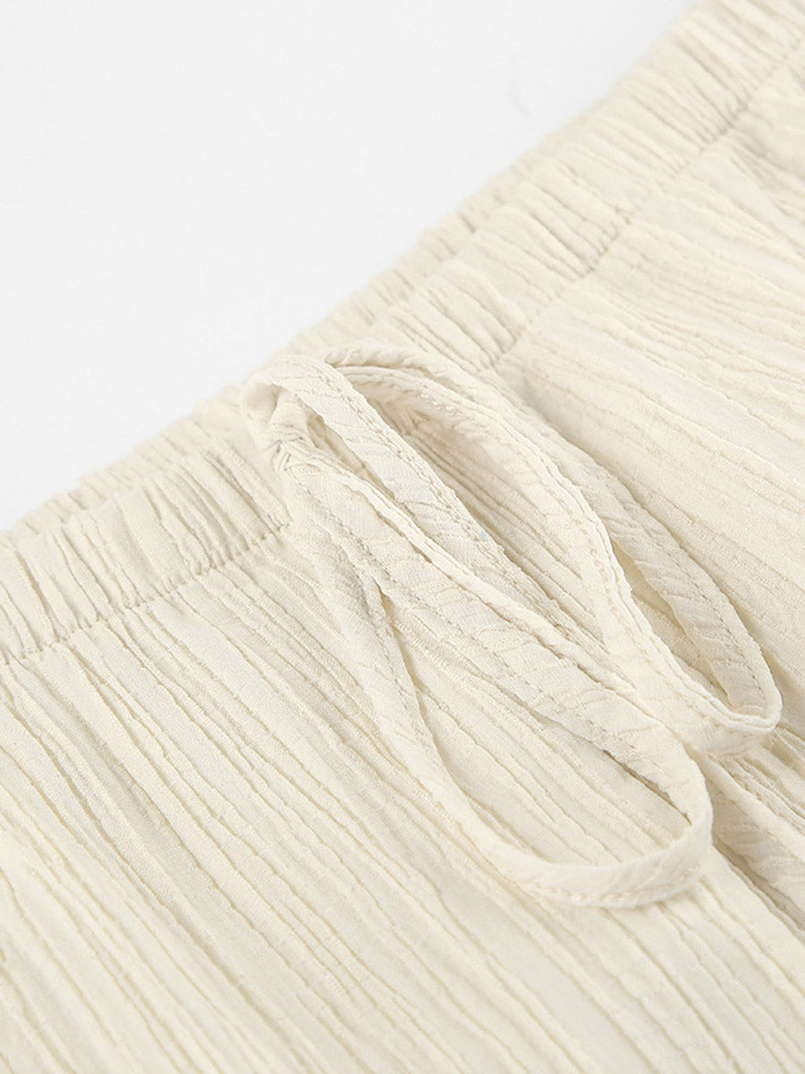 Ensemble deux pièces court plissé à col licou, à empiècements, taille haute, à taille élastique, à taille nouée, couleur unie – débardeur + pantalon