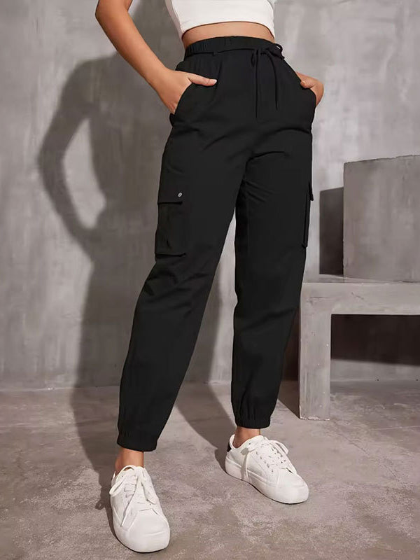 Pantalon taille haute, à taille élastique, à poches, à empiècements, à taille nouée, couleur unie
