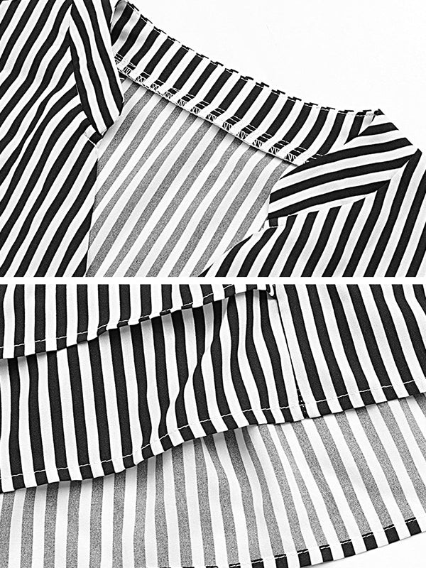 Chemisier ample asymétrique plissé rayé à manches raglan, à falbalas, à empiècements, à volants étagés, à col en V