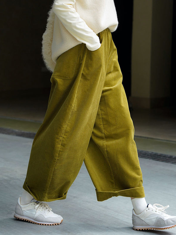 Pantalon ample vintage en velours côtelé, jambe large, couleur unie