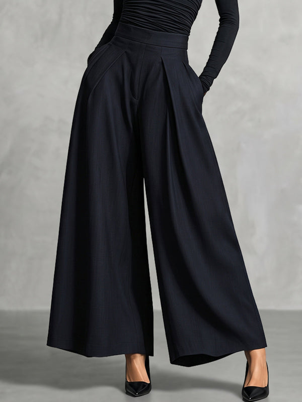 Pantalon plissé à poches, à jambes larges, taille haute, couleur unie