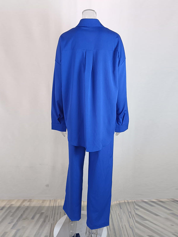 Ensemble deux pièces boutonné à manches longues, à poches, à col revers, à taille élastique, taille haute, couleur unie – chemise + haut + pantalon