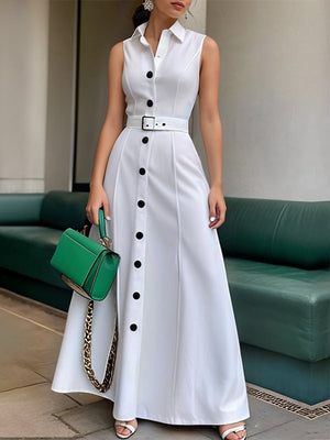Robe longue boutonnée coupe trapèze, taille haute, avec ceinture, à col revers, couleur unie