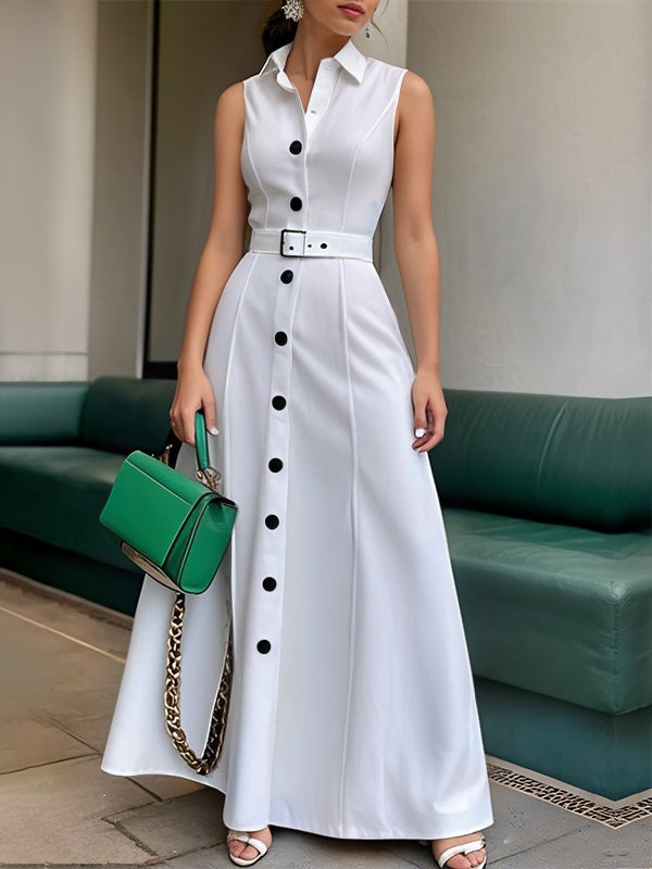 Robe longue boutonnée coupe trapèze, taille haute, avec ceinture, à col revers, couleur unie
