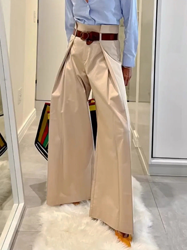 Pantalon ample plissé taille haute, à empiècements, couleur unie