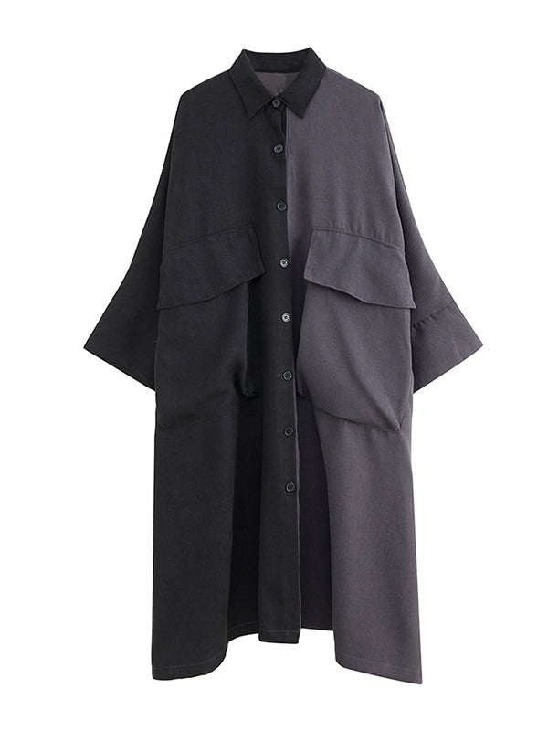 Robe mi-longue décontractée ample boutonnée à manches longues, à empiècements, à col revers, couleur contrastée