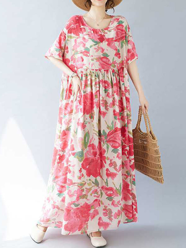 Robe mi-longue plissée coupe trapèze, à manches chauve-souris, à imprimé floral, à empiècements, à col rond