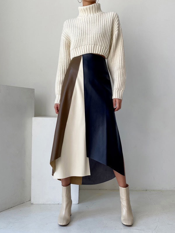 Jupe asymétrique fendue devant coupe trapèze, taille haute, couleur contrastée