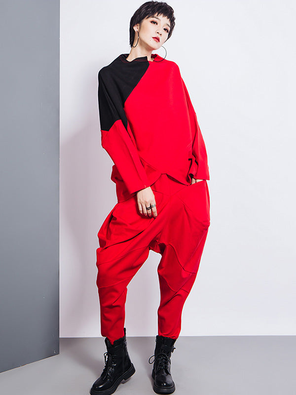Sarouel décontracté ample à empiècements, taille haute, couleur unie
