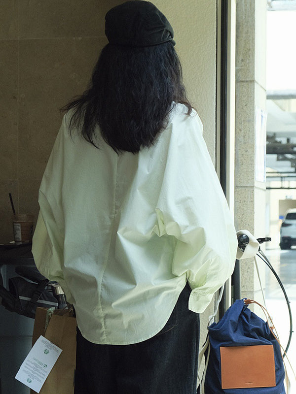 Chemisier décontracté ample à manches bouffantes, à col revers, couleur unie