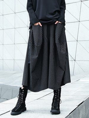 Pantalon jupe-culotte rayé taille haute avec poches élastiques amples