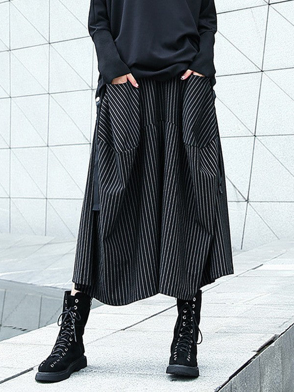 Pantalon jupe-culotte rayé taille haute avec poches élastiques amples