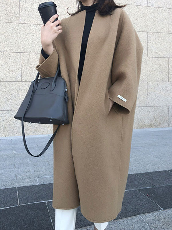 Manteau en laine ample à manches longues, sans col, couleur unie