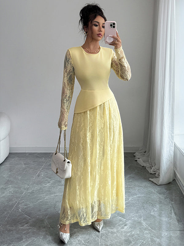 Robe longue asymétrique superposée transparente coupe trapèze, à coupe irrégulière, à imprimé floral, à empiècements, à col rond, couleur unie