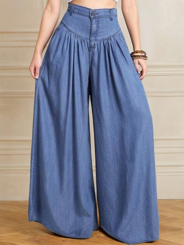 Pantalon ample boutonné à jambes larges, à fermeture éclair, couleur unie
