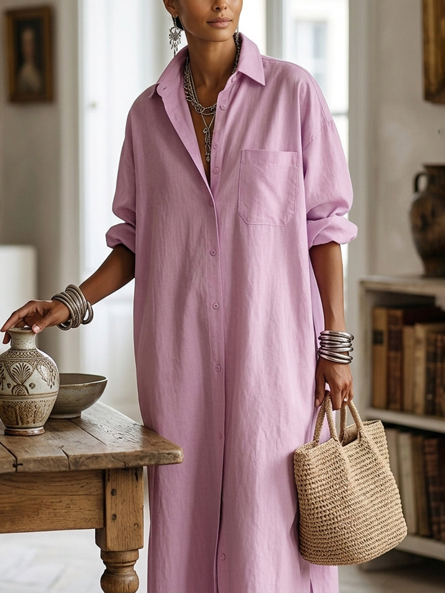 Robe chemise ample boutonnée à manches longues, à poches, à col revers, couleur unie