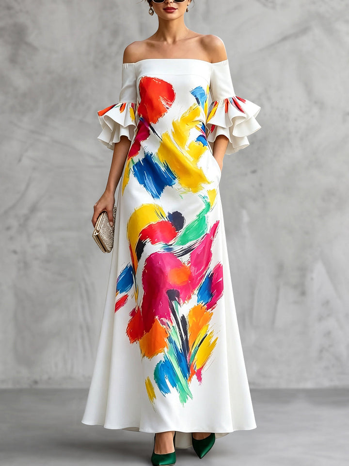 Robe longue imprimée à fermeture éclair, à poches, à taille élastique, à manches volantées, à manches mi-longues, à épaules dénudées, couleur contrastée