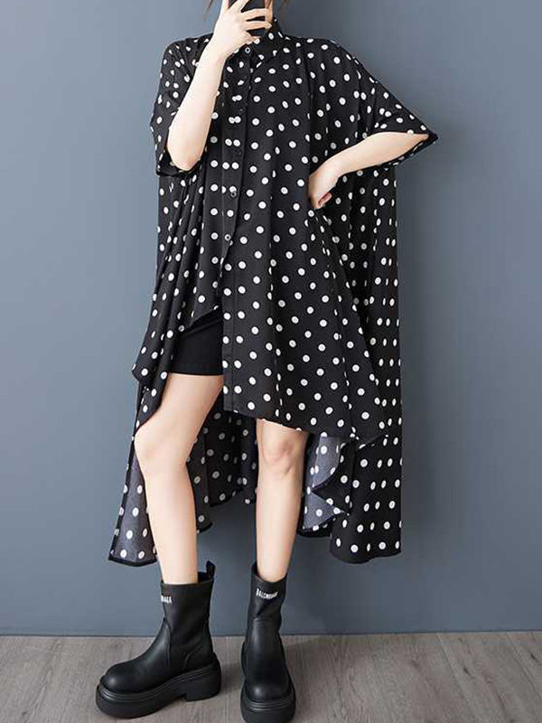 Robe chemise asymétrique boutonnée coupe trapèze, à ourlet plongeant, à pois, à col revers