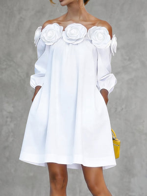 Robe courte ample à manches mi-longues, à poches, à fleurs en 3D, à épaules dénudées, couleur unie