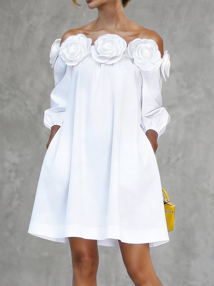 Robe courte ample à manches mi-longues, à poches, à fleurs en 3D, à épaules dénudées, couleur unie