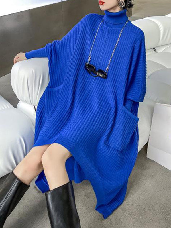 Robe pull à manches chauve-souris, à ourlet plongeant, à poches, à col haut, couleur unie
