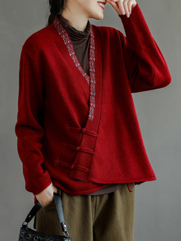 Haut cardigan vintage en laine mélangée brodé de couleur unie