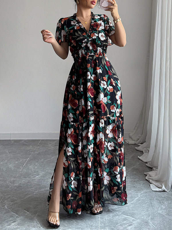 Robe longue ample plissée coupe trapèze, à taille élastique, à imprimé floral, à col en V, couleur contrastée