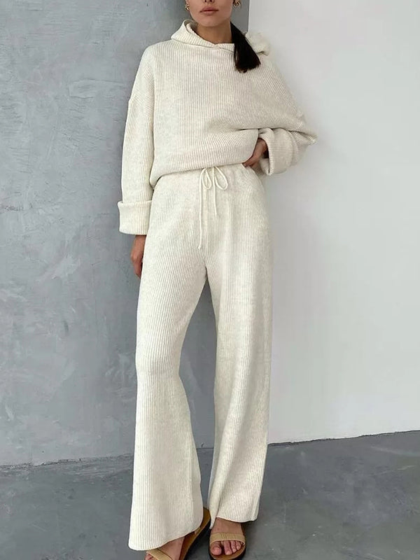 Ensemble deux pièces ample à col rond, à capuche, à manches longues, à cordon de serrage, couleur unie – pull + haut + pantalon