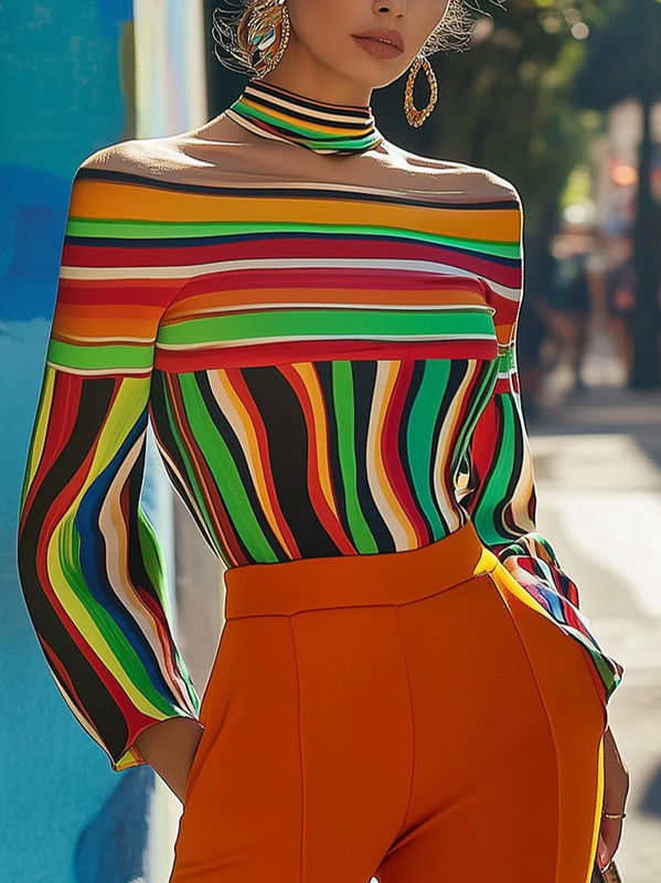 T-shirt ample rayé à manches longues, à col licou, couleur contrastée