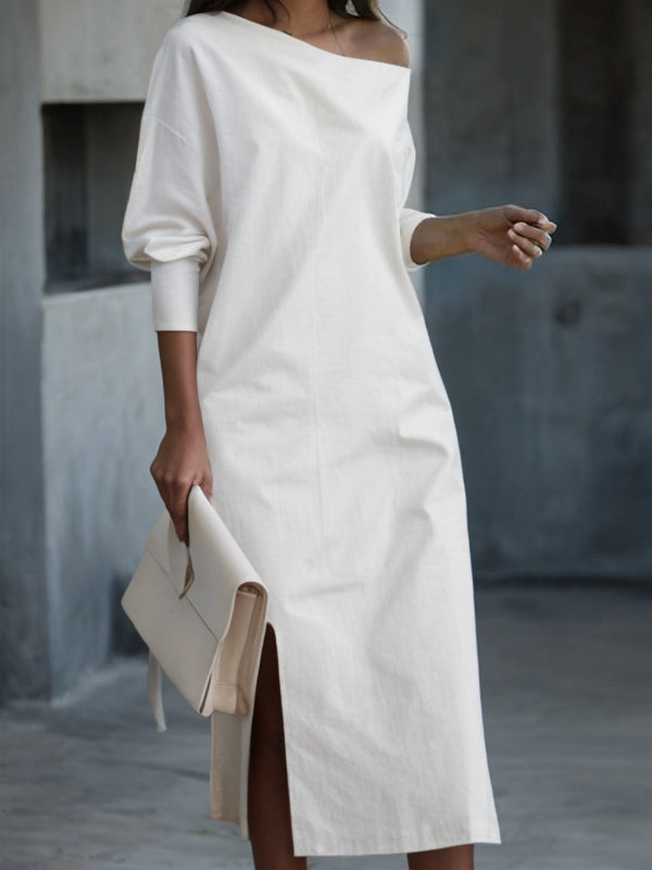 Robe mi-longue ample fendue sur le côté à manches longues, asymétrique à une épaule, couleur unie