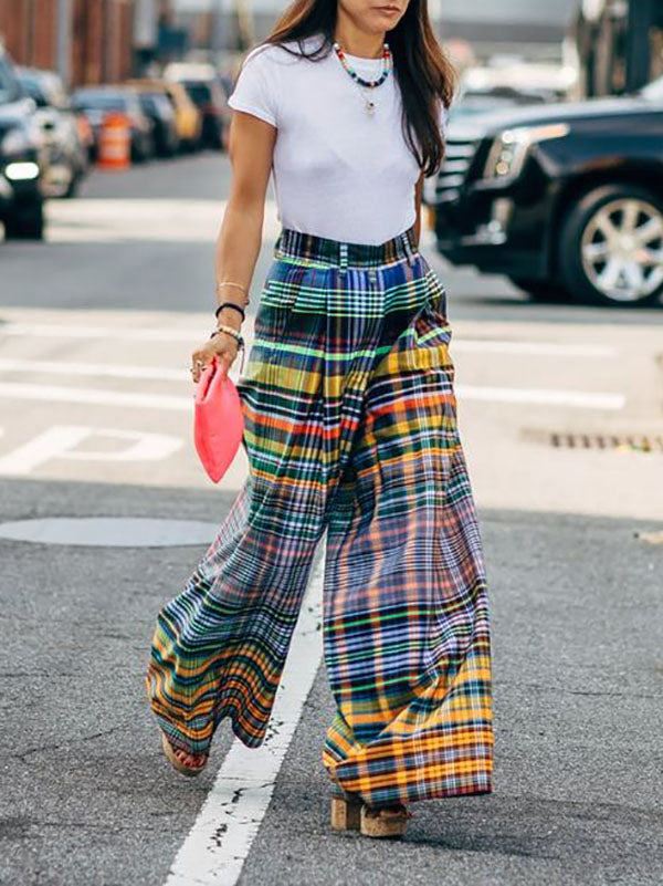 Pantalon élégant ample imprimé décontracté à jambes larges, à damier