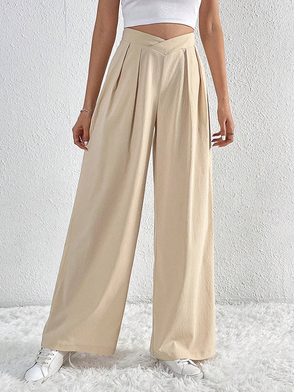 Pantalon ample plissé à jambes larges, couleur unie