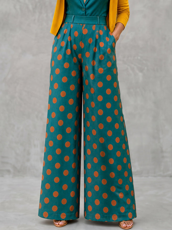 Pantalon plissé à pois, à poches, sans ceinture, à taille élastique, à jambes larges, taille haute, couleur contrastée