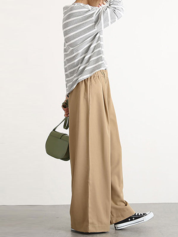 Pantalon taille haute à jambes larges, élastique, couleur unie, à empiècements, large côté