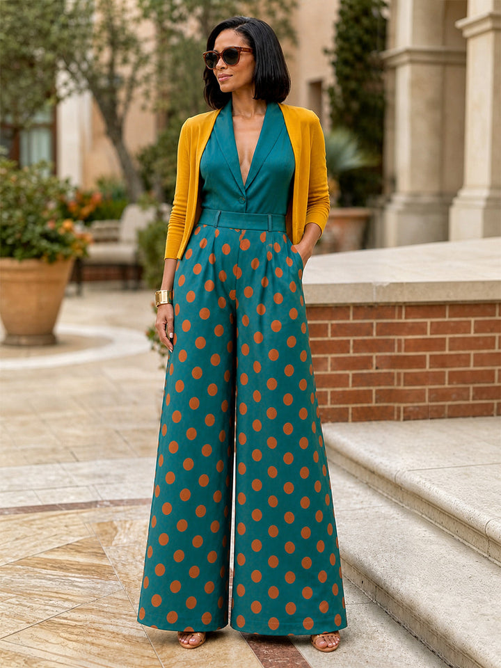 Pantalon plissé à pois, à poches, sans ceinture, à taille élastique, à jambes larges, taille haute, couleur contrastée
