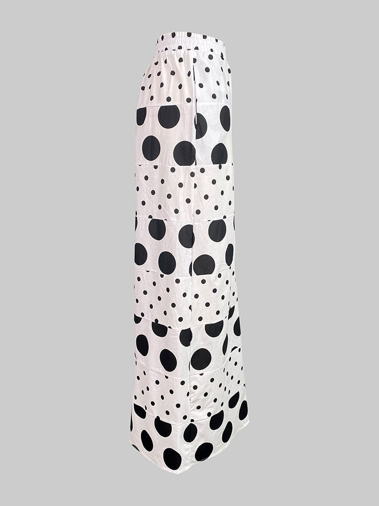 Pantalon ample taille haute, à taille élastique, à poches, à pois, à empiècements, couleur contrastée