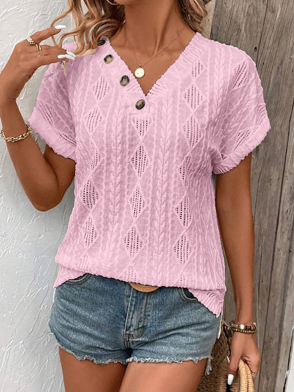 T-shirt ample boutonné à manches courtes, à col en V, couleur unie