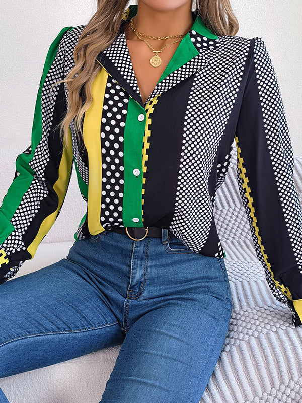 Chemisier boutonné à manches longues, à pois, à col cranté, couleur contrastée
