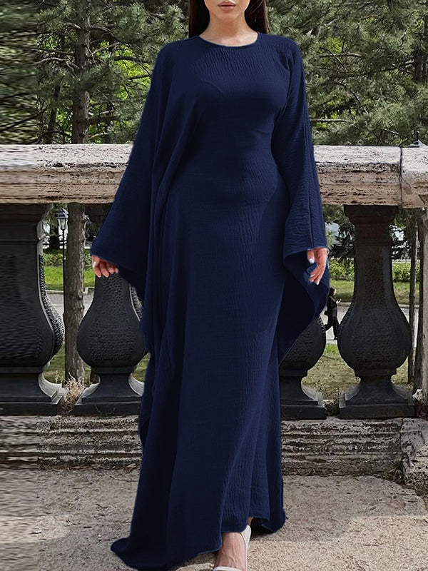 Robe longue à manches chauve-souris, à manches longues, à col rond, couleur unie