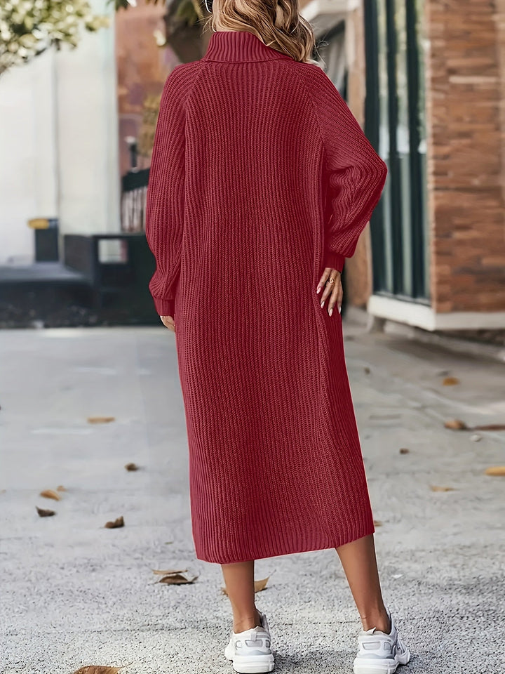 Robe en tricot pour femmes à col roulé | Manches longues et longueur midi