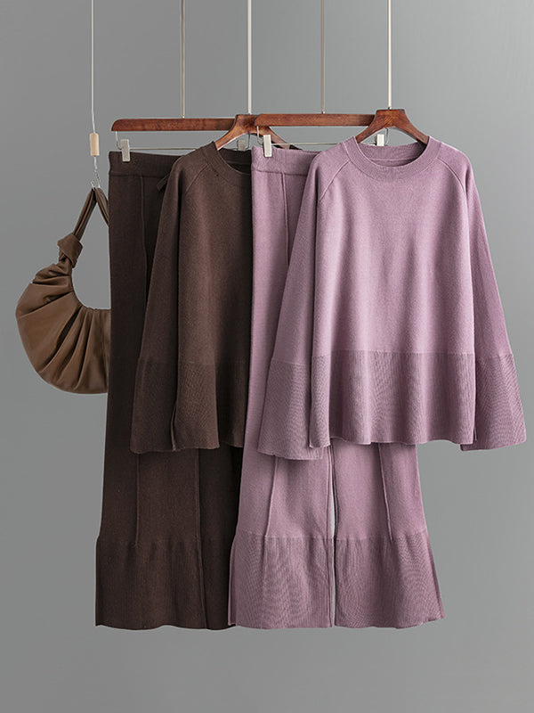 Ensemble deux pièces décontracté ample à manches longues, à col rond, à jambes larges, couleur unie – pull + pantalon