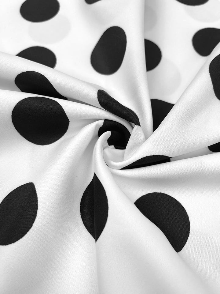 Robe chemise boutonnée coupe trapèze, à manches mi-longues, à taille élastique, à pois, à col revers, couleur contrastée