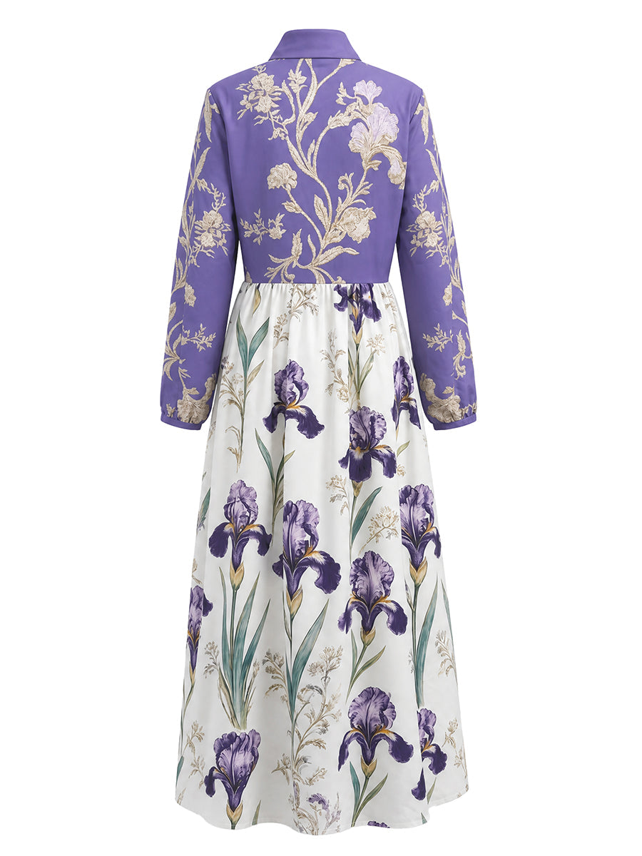 Robe longue froncée boutonnée ample à empiècements, à poches, à imprimé floral, à manches longues, à col montant, couleur contrastée