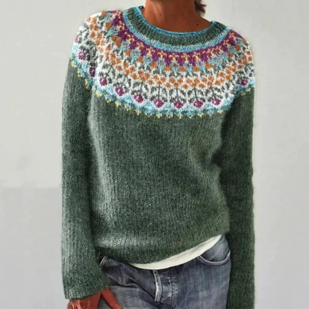 Pull en grosse maille norvégien pour femmes | Col rond à manches longues