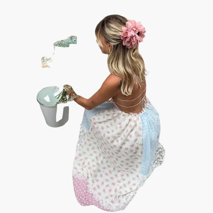 Robe Maxikleid Patchwork - Robe d'été pour femmes avec bretelles spaghetti