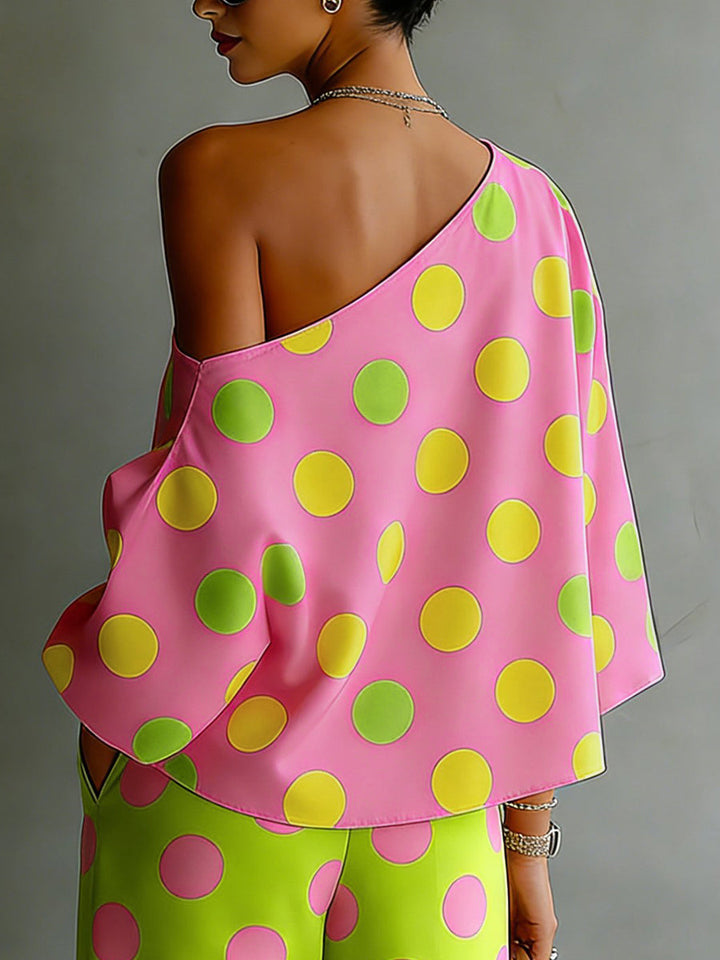 Chemise ample à manches longues, à pois, asymétrique à une épaule